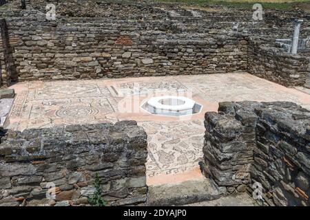 Mosaiken, Stobi, archäologische Ruinen der römischen Stadt, Mazedonien, (FYROM), Republik Nordmakedonien Stockfoto