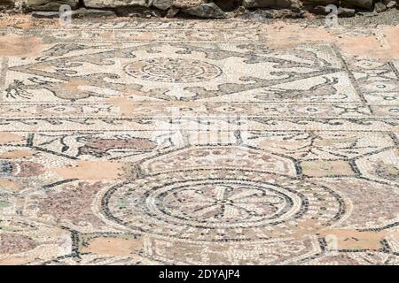 Mosaiken, Stobi, archäologische Ruinen der römischen Stadt, Mazedonien, (FYROM), Republik Nordmakedonien Stockfoto