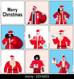 Set Mix Rennen santa Männer Frauen in Masken neues Jahr weihnachtsfeiertage Feier coronavirus Quarantäne Konzept Porträt Vektor Illustration Stock Vektor