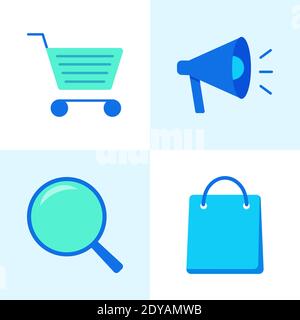 Aktions- und Kaufsymbole im flachen Stil. Warenkorb und Tasche, Werbung und Suche Symbole. Vektorgrafik. Stock Vektor