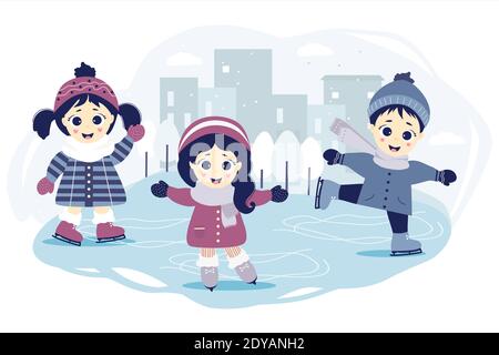 Kinder Winter. Ein Junge und zwei Mädchen laufen auf einer Eisbahn in der Stadt auf blauem Hintergrund mit Stadtbild, Häusern und Bäumen. Wintersport und Stockfoto