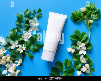 Weißer Squeeze-Kosmetikschlauch ohne Marke, Frühlingsblumen und Blätter auf hellblauem Hintergrund. Natürliche Bio-Spa-Kosmetik-Konzept. Flatlay Lifestyle, Stockfoto
