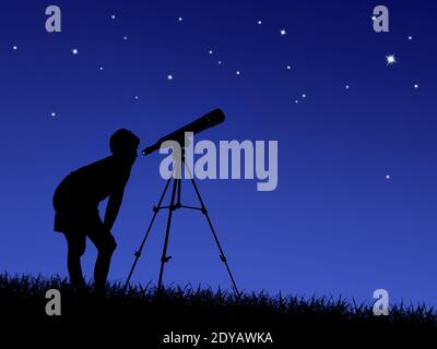 Der Junge schaut durch ein Teleskop auf die Sterne Der Rasen Stockfoto