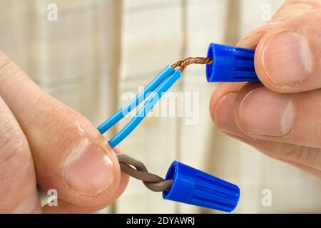 Die Finger des Elektrikers verbinden die verdrillten Enden der Drähte mit einem Twist-on-Drahtanschluss, in der Nähe Stockfoto