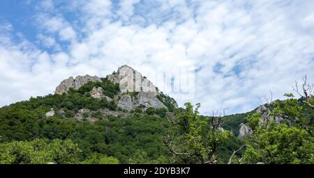 Bewaldete Felsen bei bewölktem Wetter Stockfoto