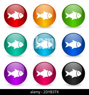 Fisch, Meer, Tier, Meeresfrüchte, Natur, Lebensmittel-Vektor-Symbole, Satz von bunten glänzenden 3d-Rendering-Ball-Tasten in 9 Farboptionen Stock Vektor