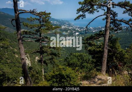 Blick auf Jalta und das Schwarze Meer vom Berghang. Stockfoto