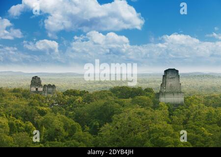 Tikal, Guatemala. Blick vom Tempel IV auf Kalksteintempel im Dschungel. Stockfoto