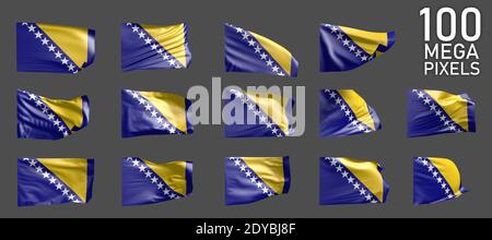 Viele verschiedene realistische Renderings von Bosnien und Herzegowina Flagge auf grauem Hintergrund isoliert - 3D-Darstellung des Objekts Stockfoto