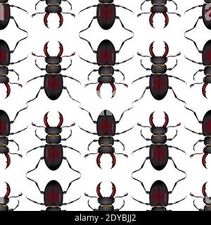 Cartoon bunte Käfer Hirsch Muster isoliert auf weißem Hintergrund. Nahtloses Muster. Vektorgrafik im handgezeichneten Stil. Textur für Druck, Banner, Textil, Geschenkpapier Stock Vektor