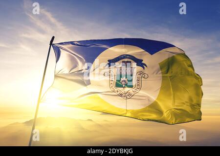 Winnipeg von Manitoba von Kanada Flagge winkt auf der Spitze nebel bei sonnenaufgang Stockfoto