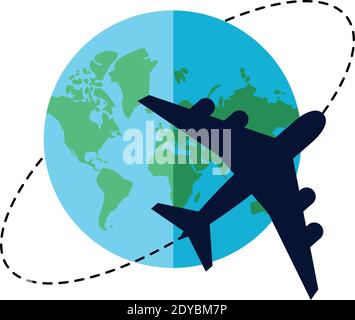 Flugzeug fliegen um den Planeten Erde flache Stil Symbol Vektor Illustration Design Stock Vektor