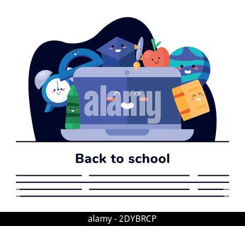 Back to School Lettering Poster mit Laptop und Zubehör kawaii Zeichen Vektor Illustration Design Stock Vektor