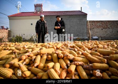 (201225) -- YINCHUAN, 25. Dezember 2020 (Xinhua) -- Ding Haiyan (L) besucht Yang Youquans Familie, einst ein offiziell in Armut registrierter Haushalt, im Dorf Hejiayuan in Xihaigu in der Autonomen Region Ningxia Hui im Nordwesten Chinas, 28. Oktober 2020. Xihaigu, eine größtenteils bergige Region im Nordwesten von Ningxia, wurde einst von der tiefen Armut heimgesucht und in den 1970er Jahren von den Vereinten Nationen als "untauglicher Ort für menschliche Besiedlung" bezeichnet, weil Land zurückgewonnen, Dürre und eine empfindliche ökologische Umwelt vorhanden waren. Am 16. November 2020 verabschiedete sich Xihaigu historisch von der absoluten Armut, während der "Macht" Stockfoto