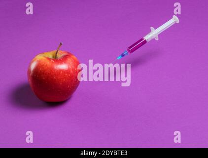 Genetisch modifizierter roter Apfel mit Spritzen auf violettem Hintergrund, Fruchtkonzept minimal Stockfoto