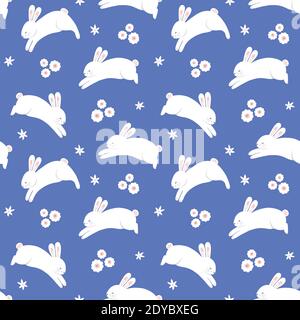 Ostermuster. Frühling Urlaub nahtlose Wiederholung der springenden Hase und Blumen, Vektor-Illustration. Stock Vektor
