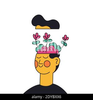 Psychisches Gesundheitsbewusstsein Menschen Konzept. Psychische Probleme des Kopfes und des Körpers mit geistiger Gesundheit. Mann mit Gehirn und Blumen Vektor-Illustration Stock Vektor