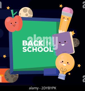 Zurück zur Schule Lettering Poster in Kreidetafel und liefert Vektor Illustrationsdesign Stock Vektor
