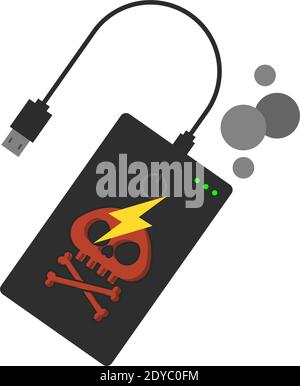 Powerbank mit Gefahrenschild darauf. Explosionskonzept der Powerbank. Flach isoliert. Stock Vektor