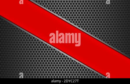 Eine Illustration eines roten Banners silberne Linie auf schwarz Metalldesign mit Sechskant-Mesh-Muster Stockfoto