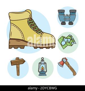 Boot mit Bündel von Camping-Set-Linie und füllen Symbole vektorgrafik Design Stock Vektor