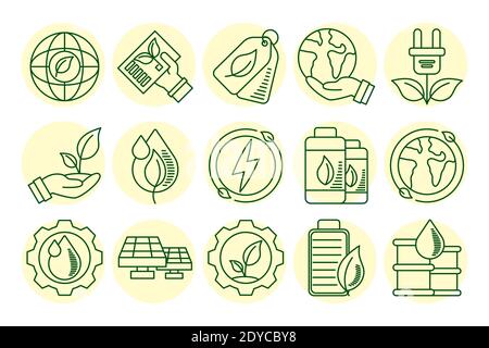 Bündel von fünfzehn Öko-und Erdlinien Stil Symbole Vektor Illustrationsdesign Stock Vektor