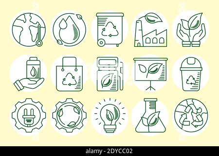 Bündel von fünfzehn Eco- und Earth-Line-Stil-Symbole vektorgrafik Design Stock Vektor