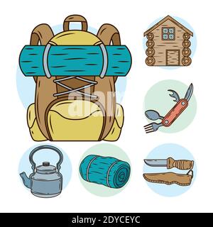 travelbag mit Paket von Camping Set-Linie und füllen Symbole vektorgrafik Design Stock Vektor