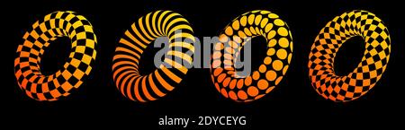 Set aus vier 3D geometrisch gestreiften abgerundeten Farbformen. Trendiger Illusionseffekt. Die Donuts. Stilisiertes, modernes, minimalistisches Grafikdesign. Dekoration. Stock Vektor
