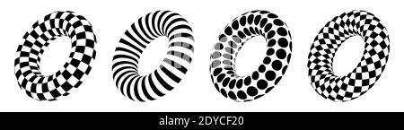 Set aus vier 3D geometrisch gestreiften abgerundeten Formen. Trendiger Illusionseffekt. Die Donuts. Schwarze Farbe. Stilisiertes, modernes, minimalistisches Grafikdesign. Stock Vektor