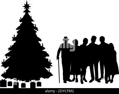 Silhouetten Familie durch den Weihnachtsbaum. Weihnachtsfeiertage. Symbol für die Abbildung Stock Vektor