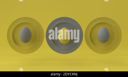 Illuminating und Ultimate Grey Hintergrund. Graue Eier auf einem gelben Hintergrund. 3d-Rendering Stockfoto