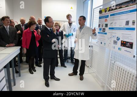 Alain Boudou, der französische Präsident Francois Hollande und der französische Juniorminister für ältere und behinderte Menschen Michele Delaunay besuchen am 10. Januar 2013 das Chemielabor "Polymeres Organiques (LCPO)" in Talence, Frankreich. Hollande war in der Region zu einem Besuch, der zukünftigen Investitionen und High-Tech-Unternehmen gewidmet war. Foto von Baptiste Fenouil/Pool/ABACAPRESS.COM Stockfoto