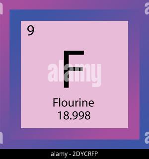 F Periodensystem für fluorine chemische Elemente. Einzelelement Vektordarstellung, Halogene Element Symbol mit molarer Masse und Ordnungszahl. Stock Vektor