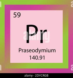 Pr Praseodym Chemische Element Periodensystem. Einzelelement-Vektordarstellung, Lanthanid-Elementsymbol mit molarer Masse und Ordnungszahl. Stock Vektor