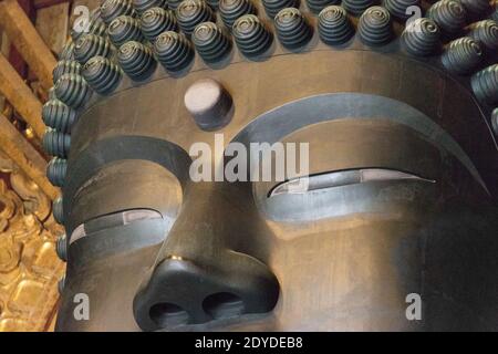 Japan Nara Detail der weltweit größten Bronzestatue des Buddha Vairocana in der Großen Buddha Halle (Daibutsuden) im Todaiji Temple Complex. Stockfoto