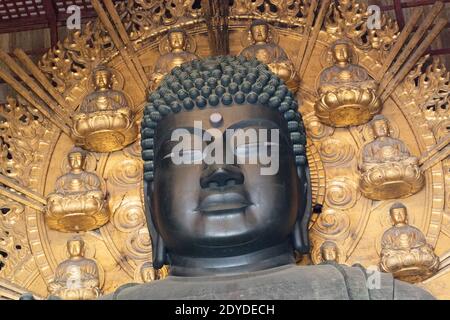 Japan Nara Detail der weltweit größten Bronzestatue des Buddha Vairocana in der Großen Buddha Halle (Daibutsuden) im Todaiji Temple Complex. Stockfoto