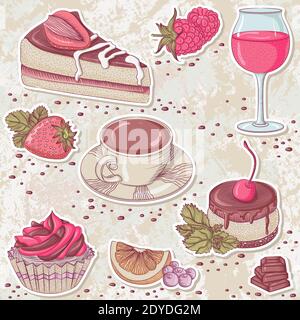 Set von Aufklebern mit Desserts, Süßigkeiten, Obst und Getränken. Vektor Vintage Illustration auf grunge Hintergrund. Elemente für Menü, Cafés, Restaurants Stock Vektor