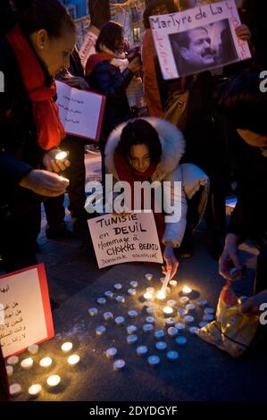 Kundgebung zum Gedenken an Chokri Belaid hat den tunesischen Staatschef am 08. Februar 2013 in Tunis auf dem Place de la Fontaine des Innocents in Paris ermordet. Foto von Nicolas Messyasz/ABACAPRESS.COM Stockfoto