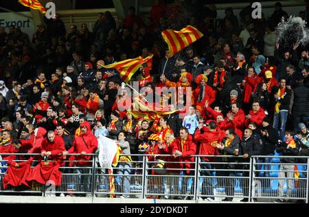 USA Perpignans Fans beim Rugby-Spiel der französischen Top 14, USA Perpignan gegen ASM Clermont Auvergne am 25. Januar 2013 im Aime Giral Stadion in Perpignan, Südfrankreich. USAP gewann 26 - 19. Foto von Michel Clementz/ABACAPRESS.COM Stockfoto