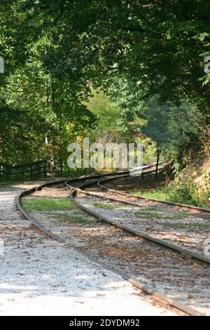 Alte Stil Eisenbahnschienen verschmelzen, wie sie herum gehen Eine Biegung durch die Wälder im Sommer Stockfoto