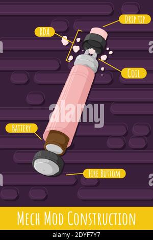 Mech mod vape Konstruktion mit rebuildable Tropftank Zerstäuber. E-Zigaretten-Konzept. Elektronische Zigarettenanzünder. Farbenfrohe Vektorgrafik in Stock Vektor