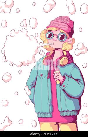 Teenager Mädchen vaper stehen und Rauch vape Modus. Dampfende Frau. Alternative zum Rauchen. Rauchen aufhören. Gesunder Lebensstil. Vektor-Illustration in bunt Stock Vektor