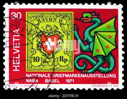 MOSKAU, RUSSLAND - 23. MÄRZ 2019: Eine in der Schweiz gedruckte Briefmarke zeigt Stamp MiNr. CH 8 und Drache, Briefmarkenausstellung NABA Serie, um 1971 Stockfoto