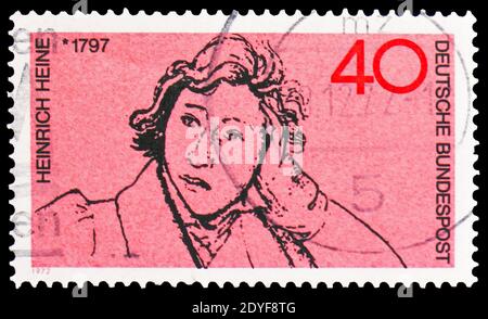 MOSKAU, RUSSLAND - 22. FEBRUAR 2019: Eine in Deutschland gedruckte Briefmarke zeigt Heinrich Heine (1797-1856), Dichter und Satiriker, 175. Geburt Anni Stockfoto