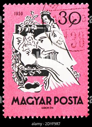MOSKAU, RUSSLAND - 22. FEBRUAR 2019: Eine in Ungarn gedruckte Briefmarke zeigt Dornröschen, Märchenserie, um 1959 Stockfoto