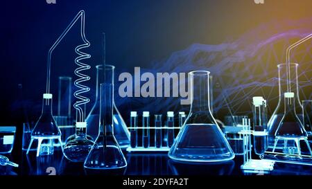 Medikationskonzept, Laborröhrchen und andere Glaswaren mit digitalen Effekten - kann als wissenschaftlicher Hintergrund verwendet werden, 3D-Darstellung von Objekten Stockfoto
