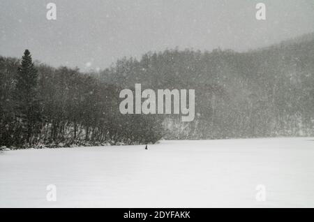 Kagami-ike Teich in Nagano Präfektur von Japan. Im Winter fällt Schnee auf die Wasseroberfläche und es ist wunderschön. Stockfoto