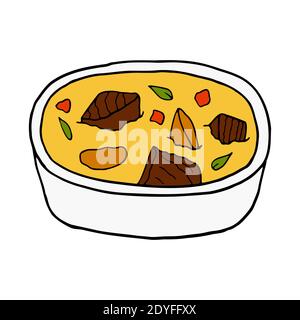 Vektor handgezeichnetes Doodle Curry. Indische Küche Gericht. Design Skizzenelement für Menü Café, Restaurant, Etikett und Verpackung. Farbenfrohe Abbildung auf einem Stock Vektor