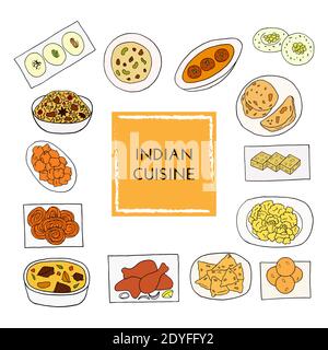 Vektor Hand gezeichnet der indischen Küche mit aloo gobi, Biryani, Curry, malai kofta, Naan, navratan, Pakora, rasmalai gesetzt. Skizzenelement für Menü entwerfen Stock Vektor